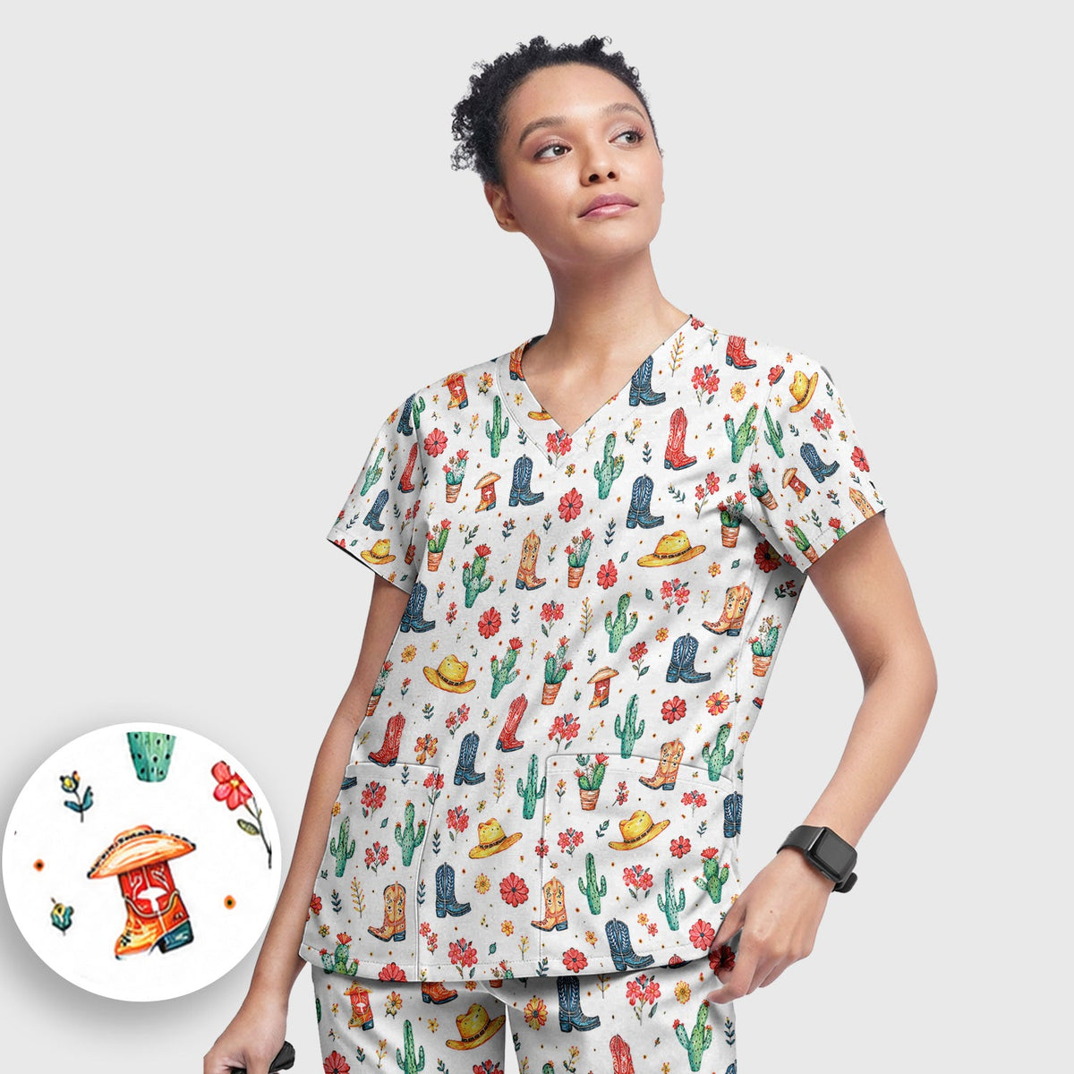 Whimsical Western Cactus Boots Nurse Scrub Set