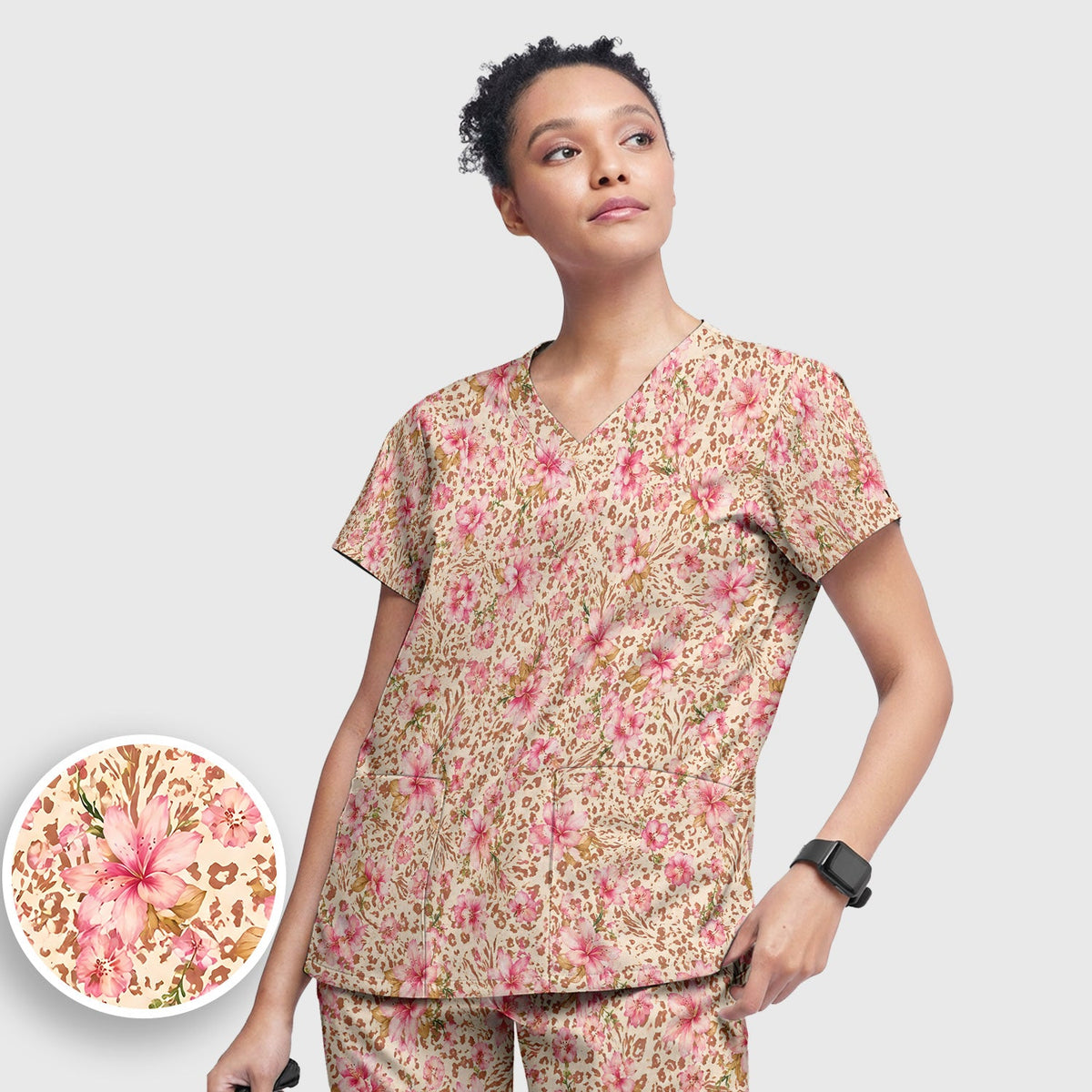 Pink Floral Leopard Nurse Scrub Set