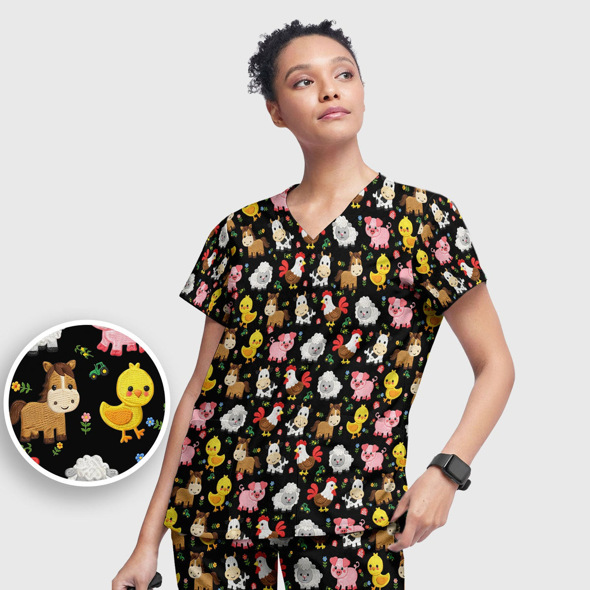 Cartoon Farm Animal Nurse Scrub Set