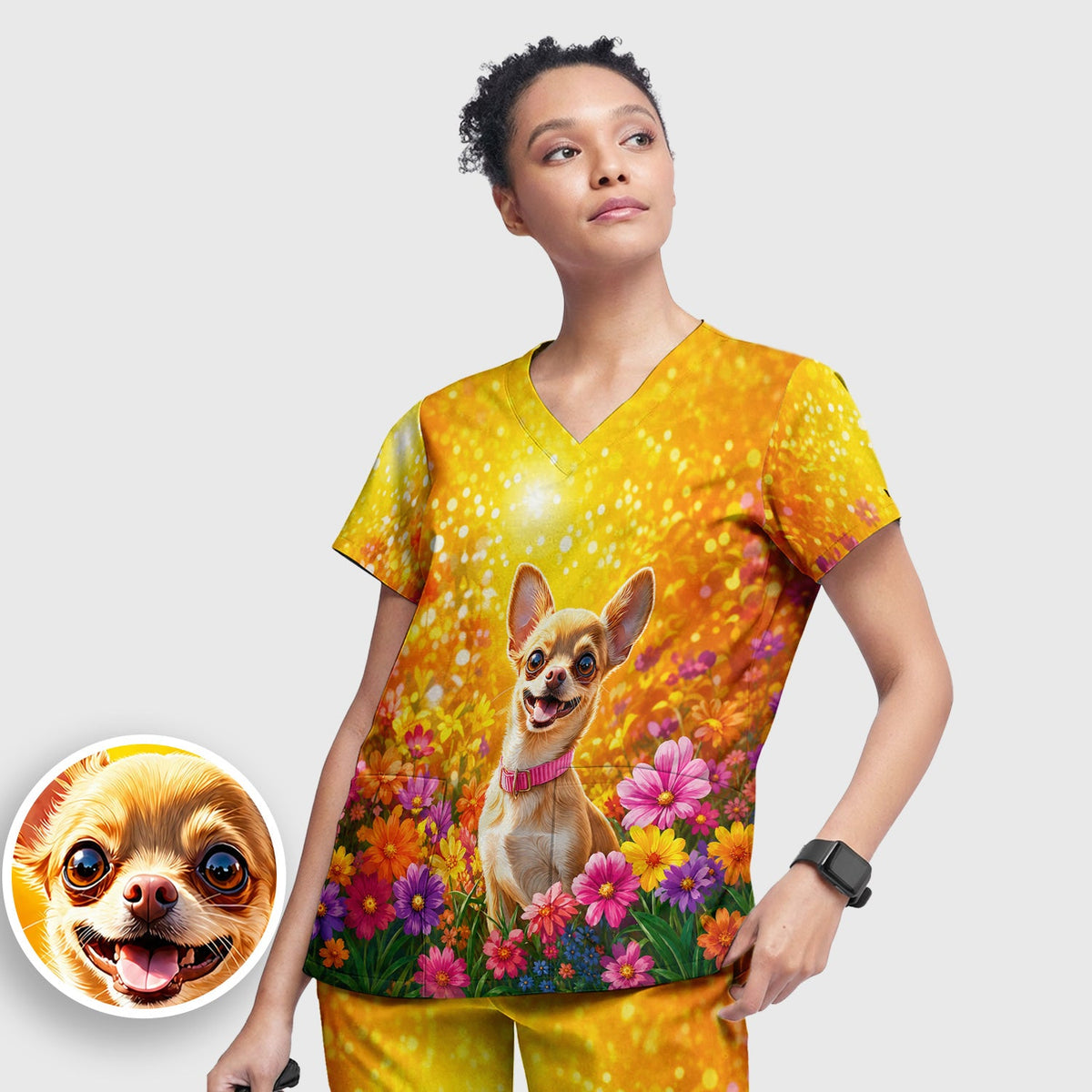 Chihuahua Flower Meadow Nurse Scrub Set