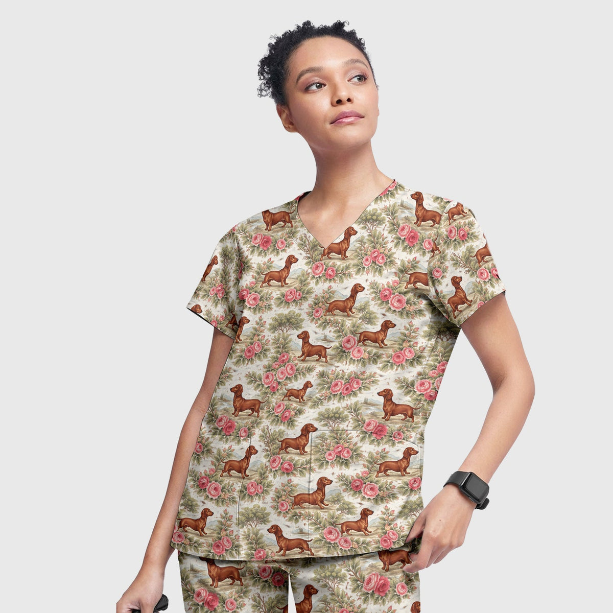 Vintage Dachshund Rose Floral Nurse Scrub Set