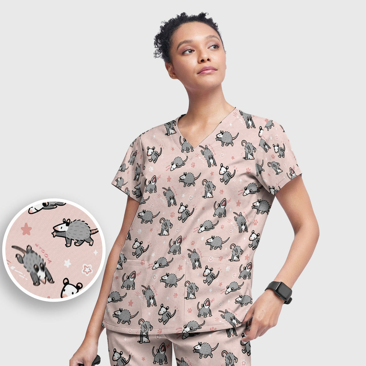 Cartoon Opossum Nurse Scrub Set