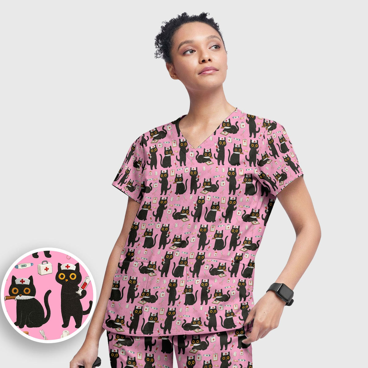 Cute Teal Black Cat Nurse Scrub Set