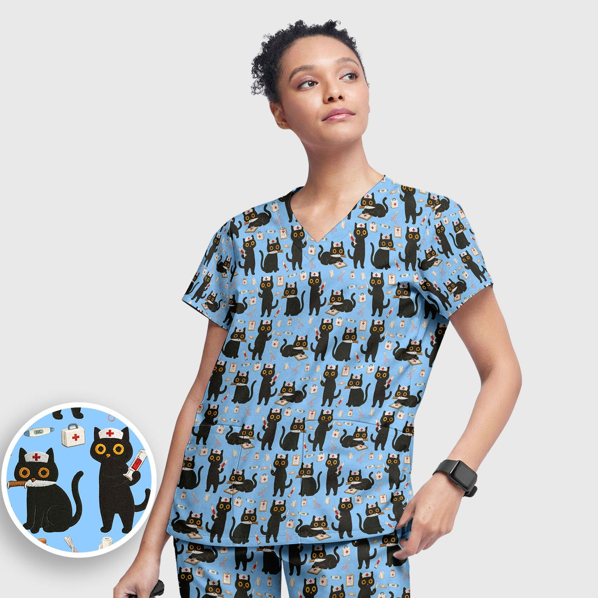 Cute Teal Black Cat Nurse Scrub Set