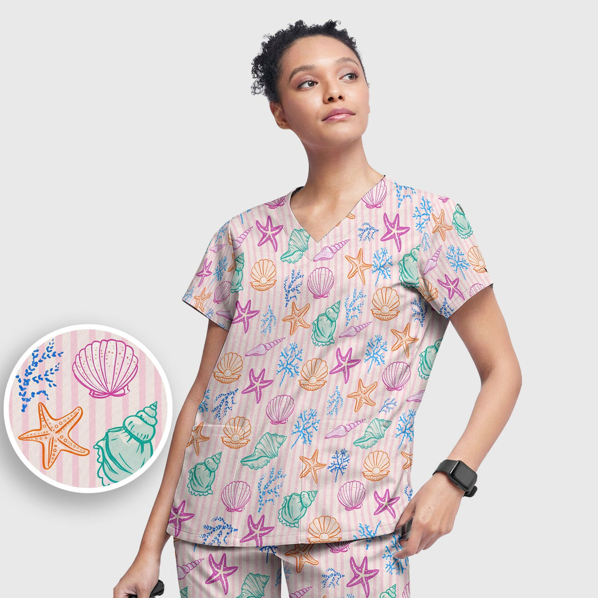 Colorful Seashell Starfish Ocean Stripe Nurse Scrub Set