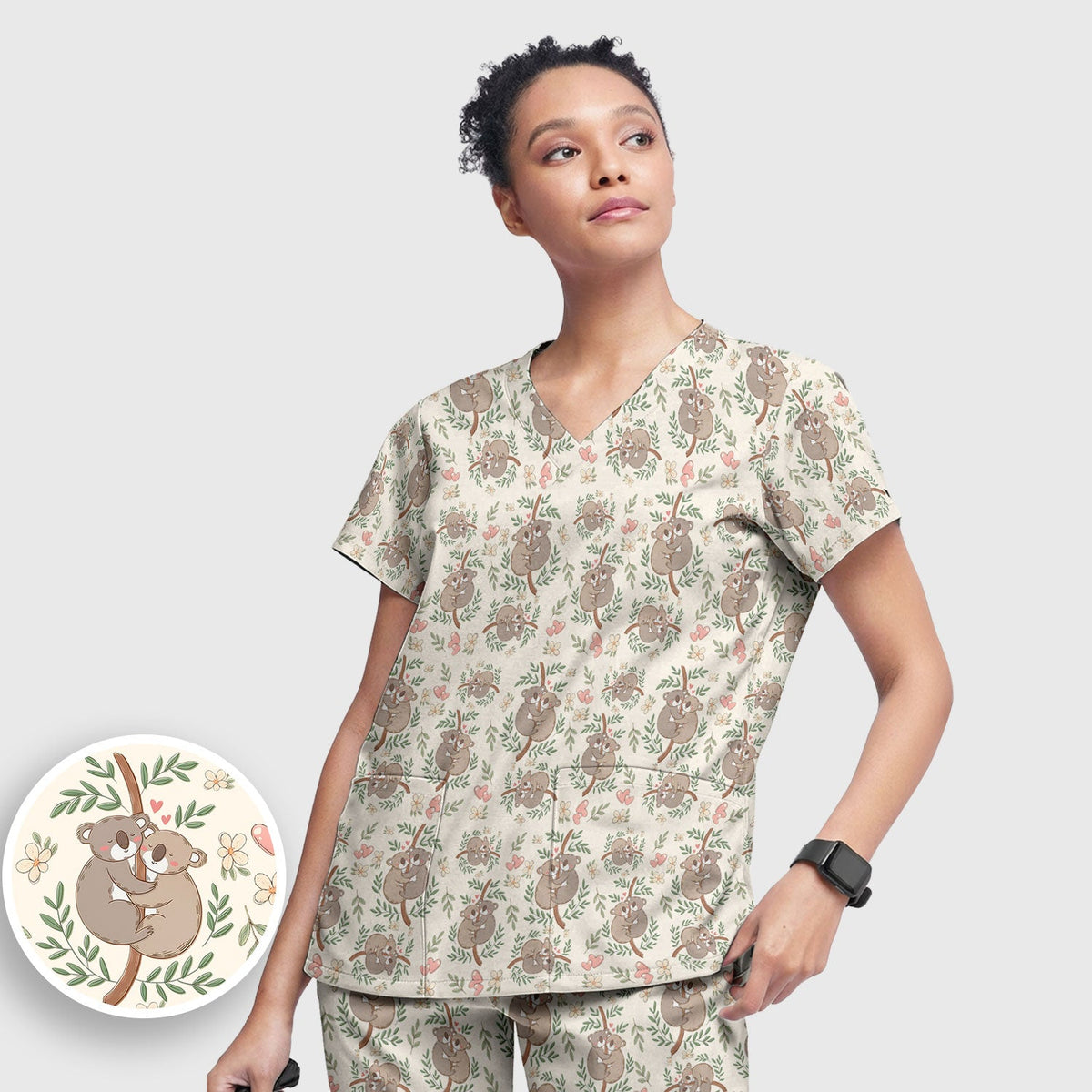 Koala Couple Floral Nurse Scrub Set