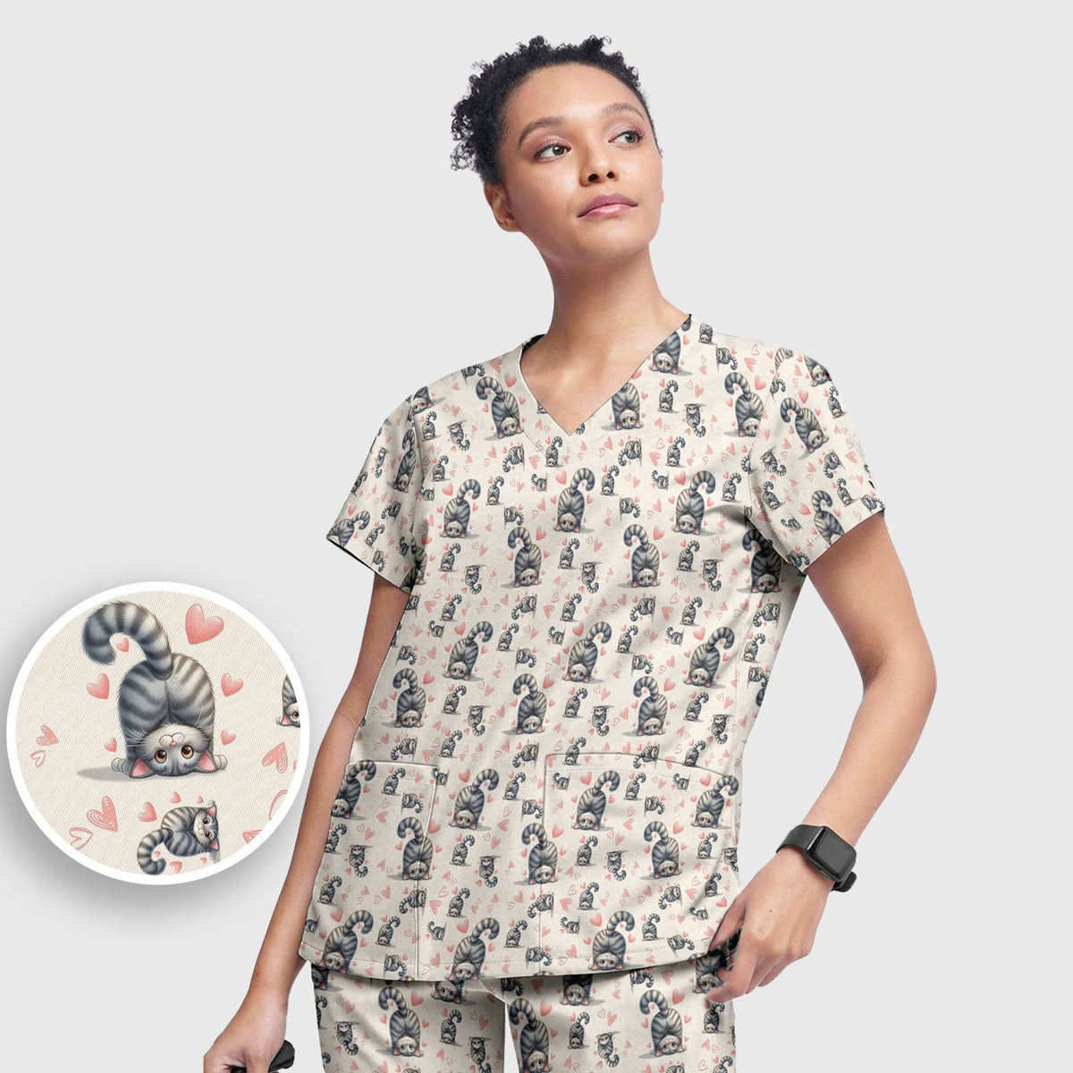 Valentine Cute Cat Heart Nurse Scrub Set