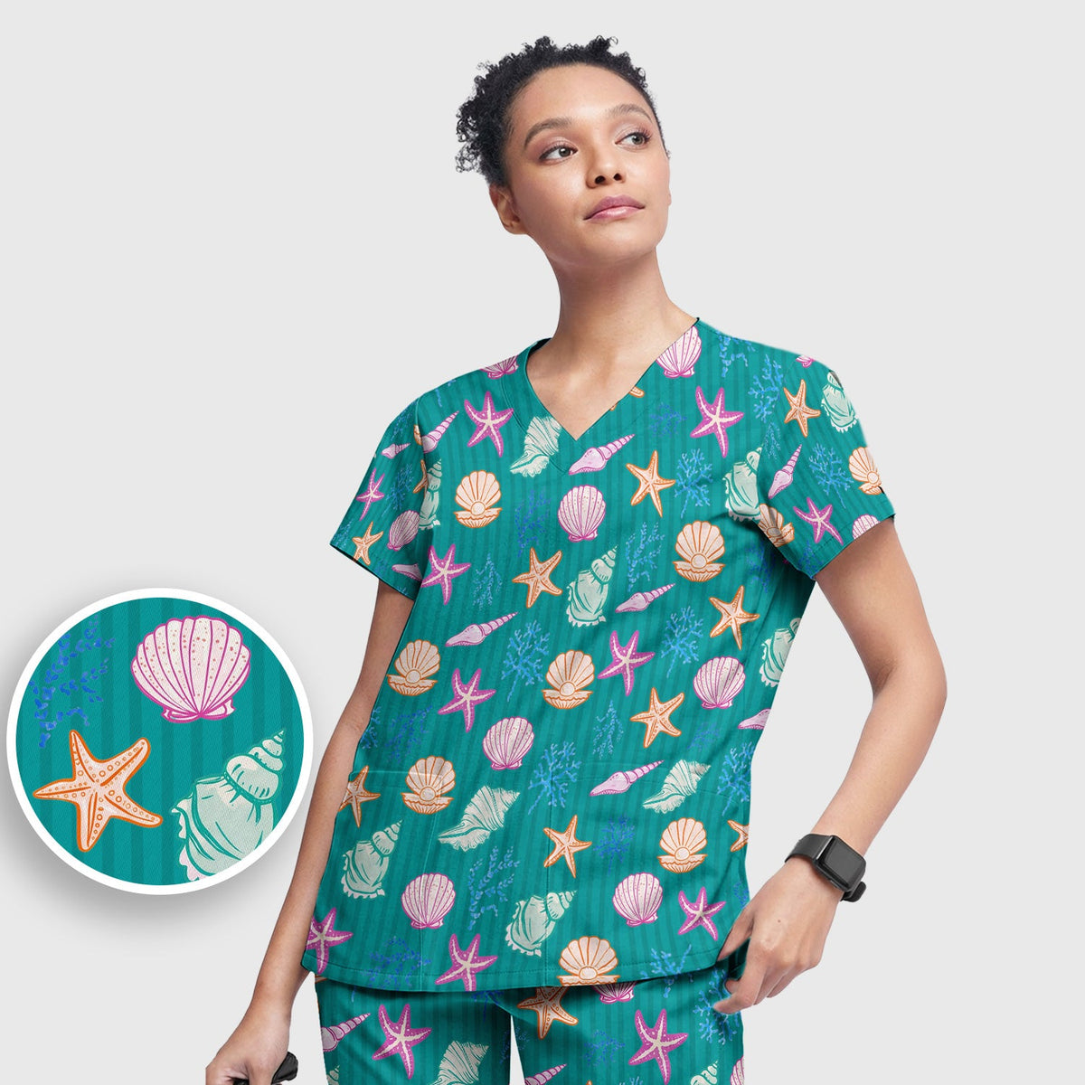 Colorful Seashell Starfish Ocean Stripe Nurse Scrub Set
