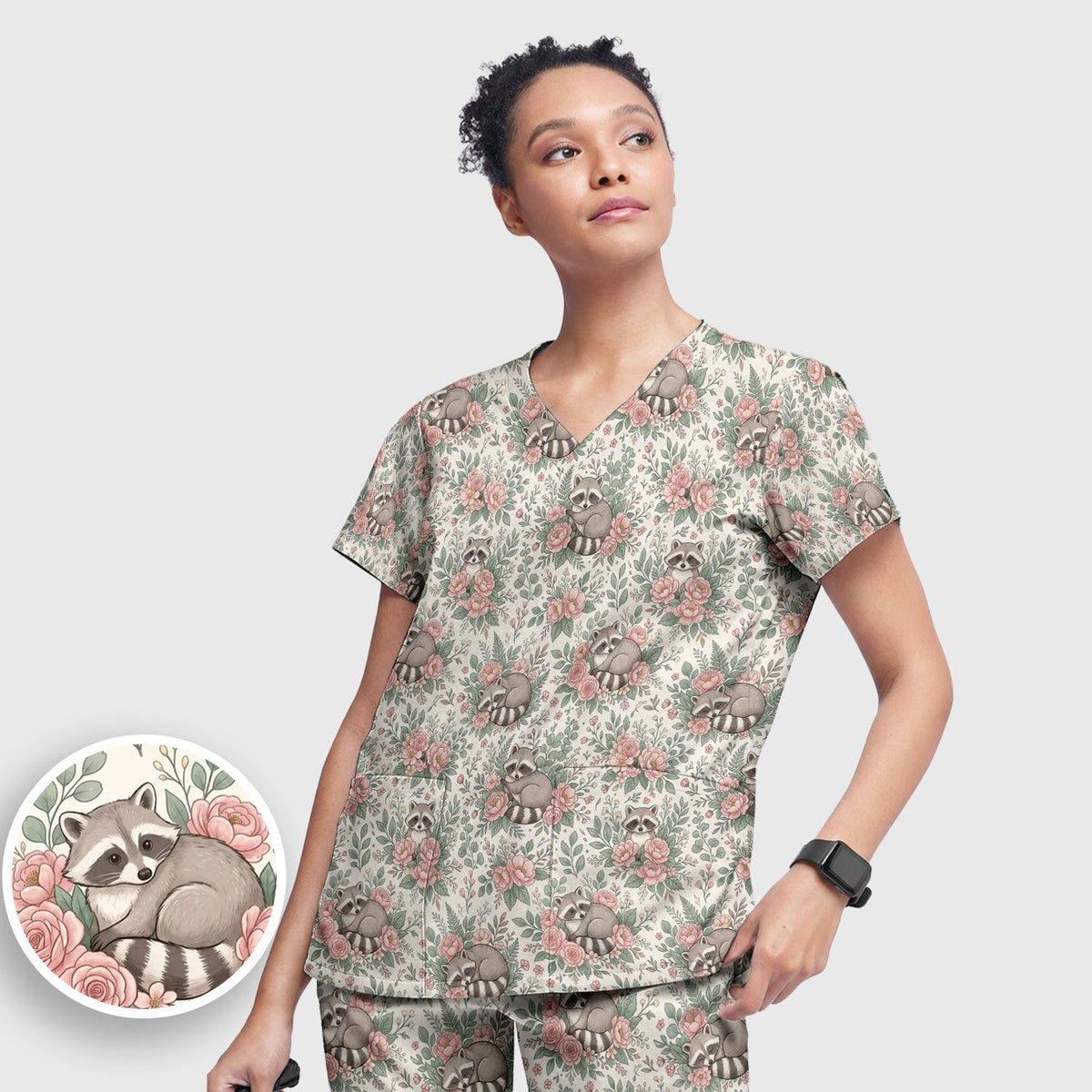 Sleeping Raccoon Rose Garden Nurse Scrub Set