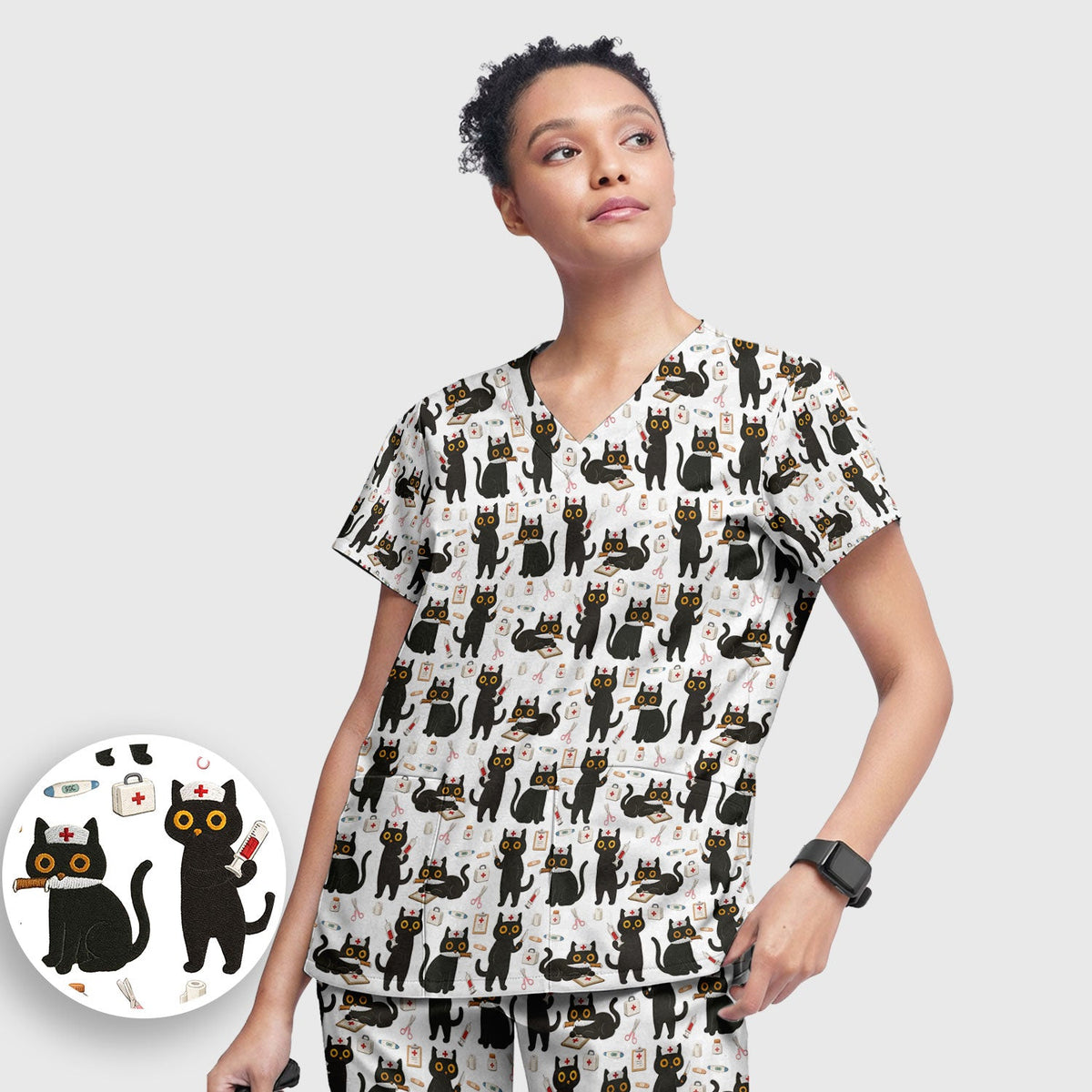 Cute Teal Black Cat Nurse Scrub Set
