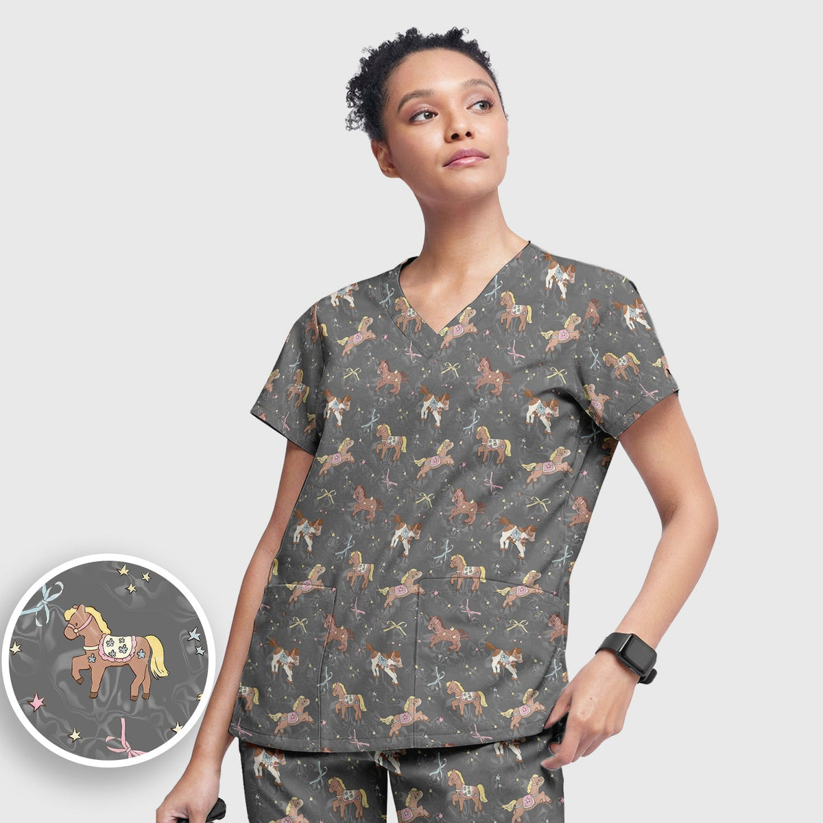 Cute Pony Star Pattern Scrub Set, Breathable Med Uniform