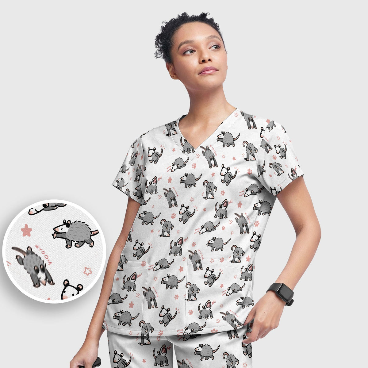 Cartoon Opossum Nurse Scrub Set