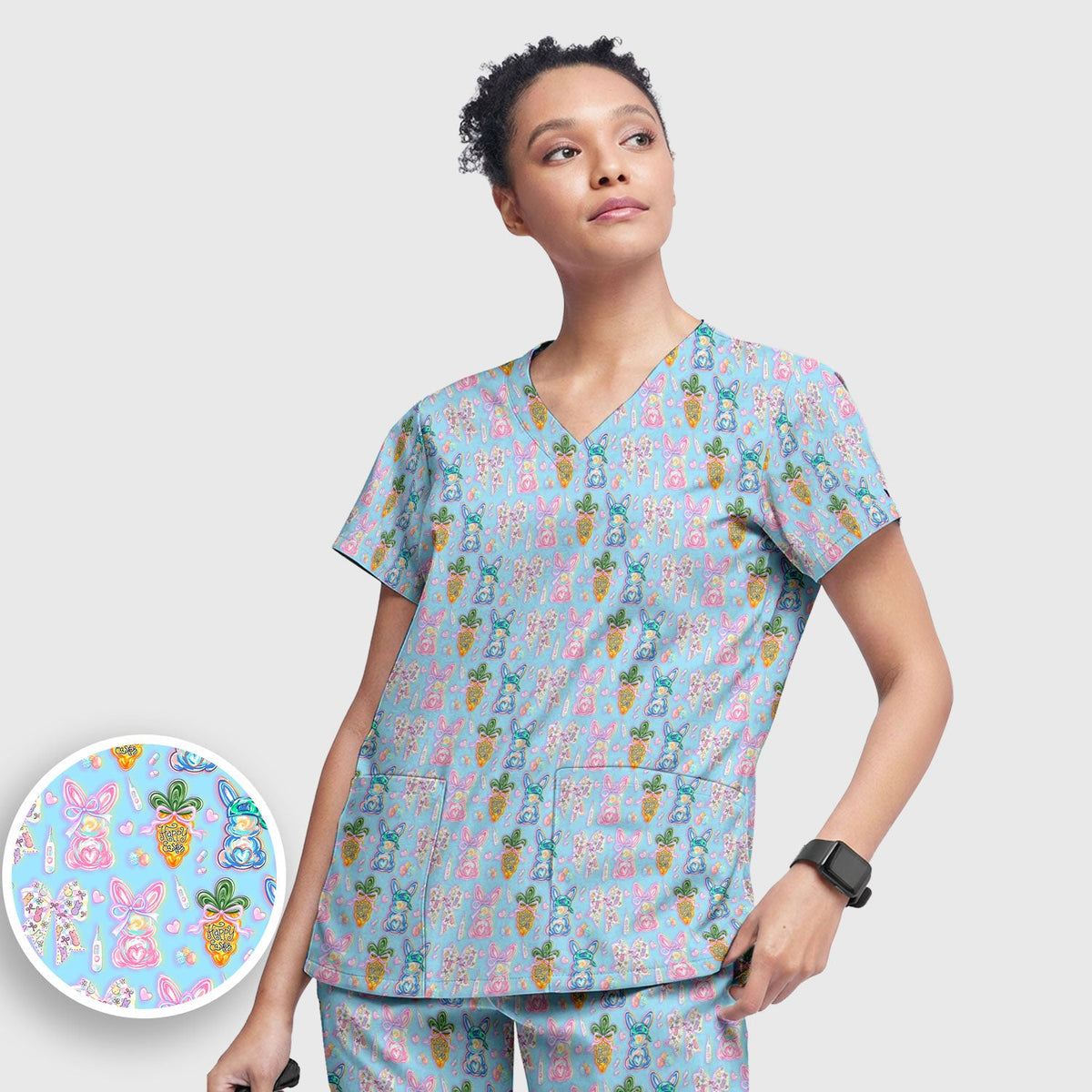 Bunny Carrot Bow Nurse Scrub Set - Easter Gift