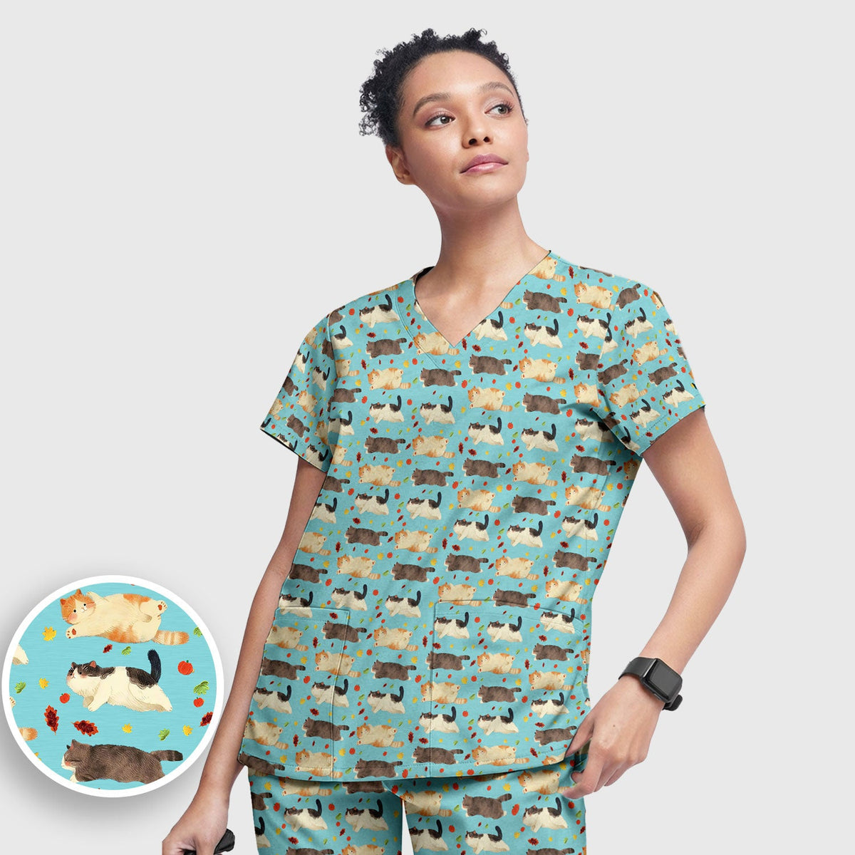 Chubby Cat Autumn Leaves Nurse Scrub Set