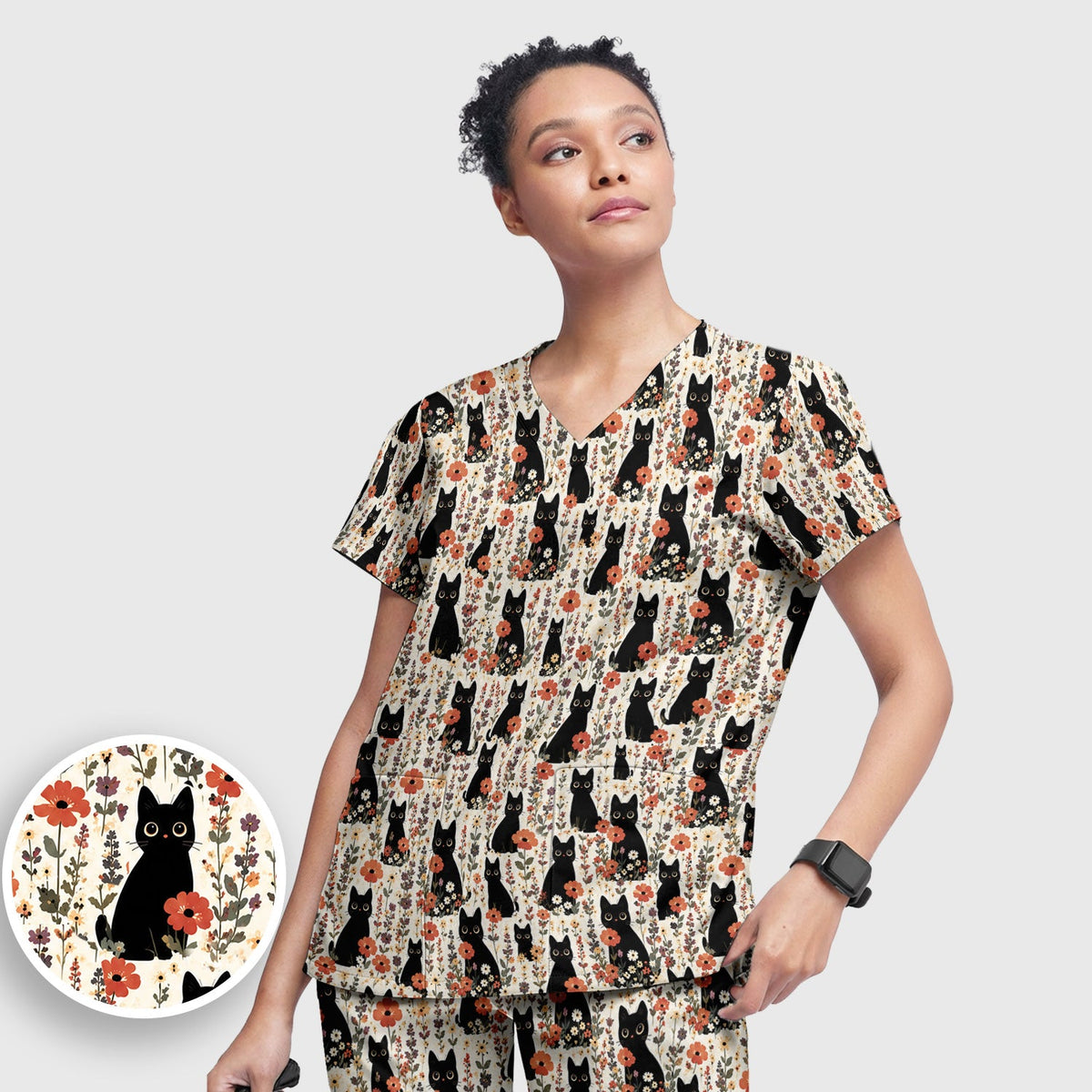 Cute Black Cat Wildflower Nurse Scrub Set