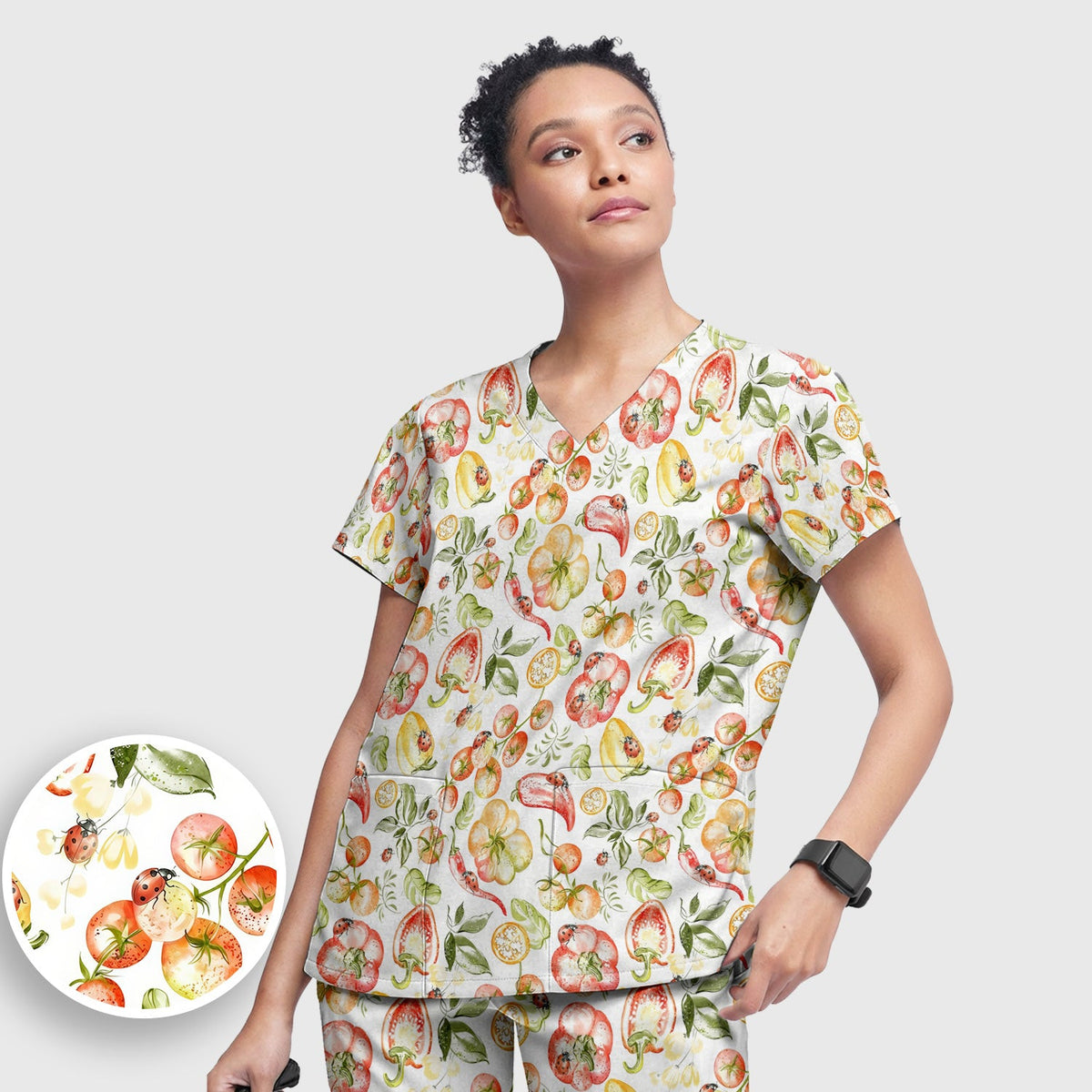 Watercolor Veggie Ladybug Nurse Scrub Set