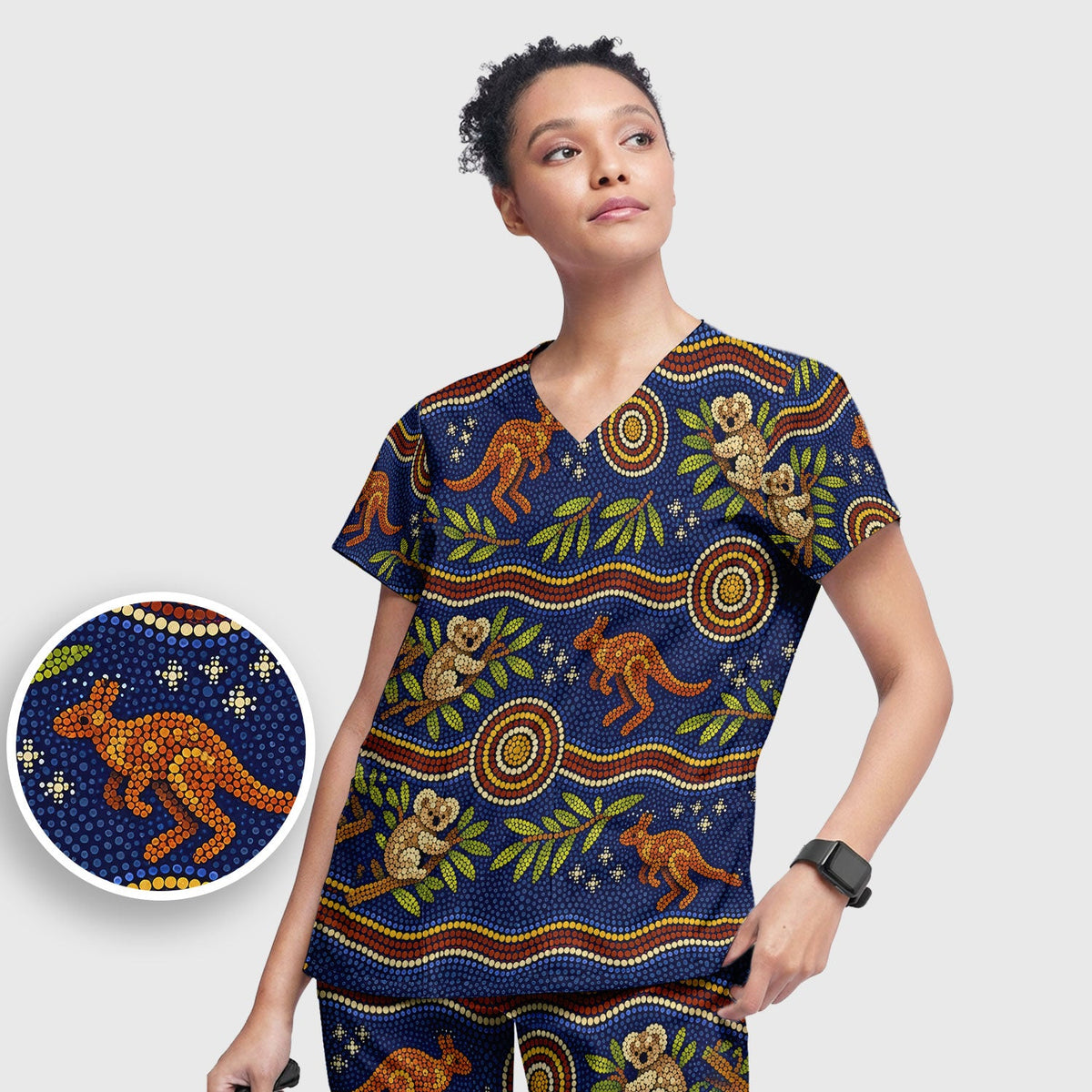 Australian Aboriginal Dot Art Scrub Set, Kangaroo ANd Koala Pattern Nurse Shirt, Breathable Fabrics Nursing Uniform