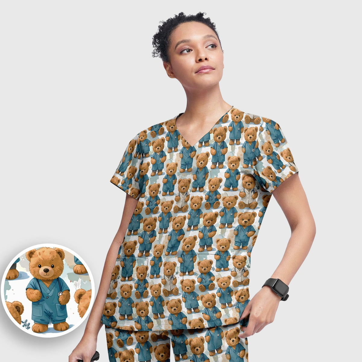 Teddy Bear Doctor Character Pattern Scrub Set, Scrub Pants and V Neck Top