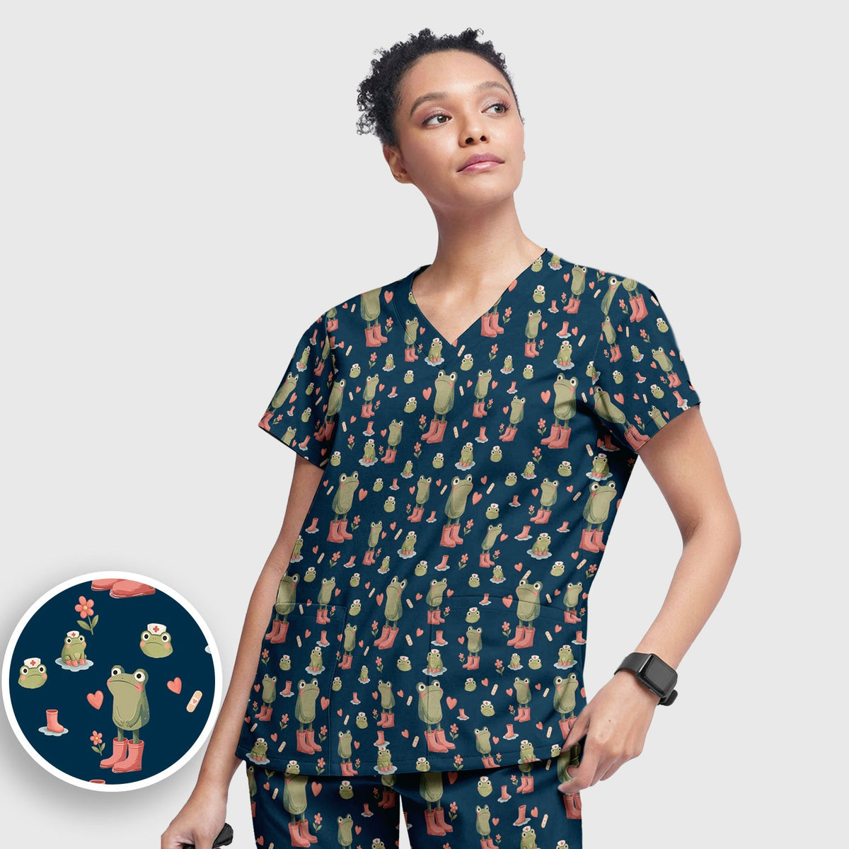 Adorable Frog Boots Heart Nurse Scrub Set