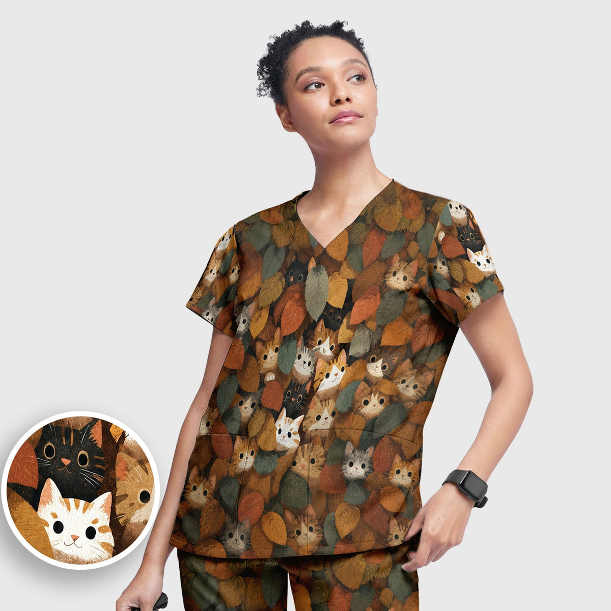 Cute Autumn Cat Leaf Pile Nurse Scrub Set