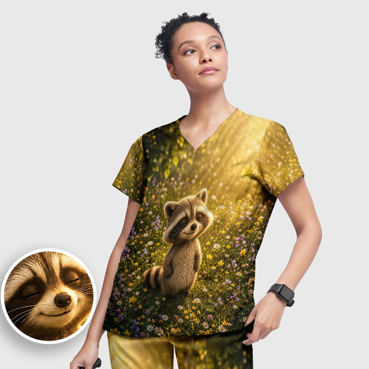 Smiling Raccoon Meadow Flower Nurse Scrub Set