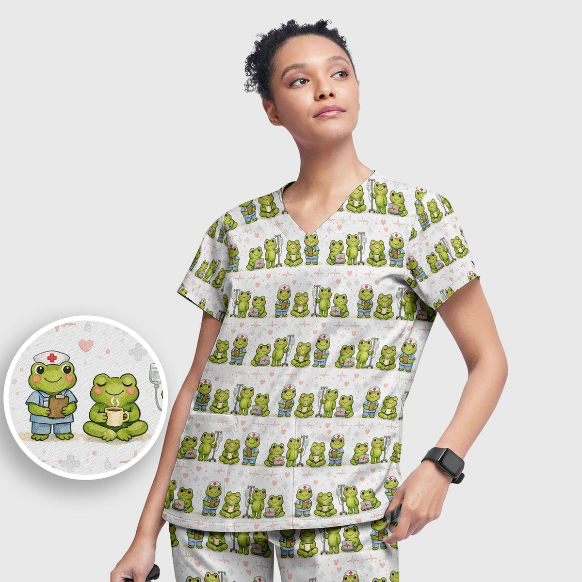 Adorable Frog Various Poses Nurse Scrub Set