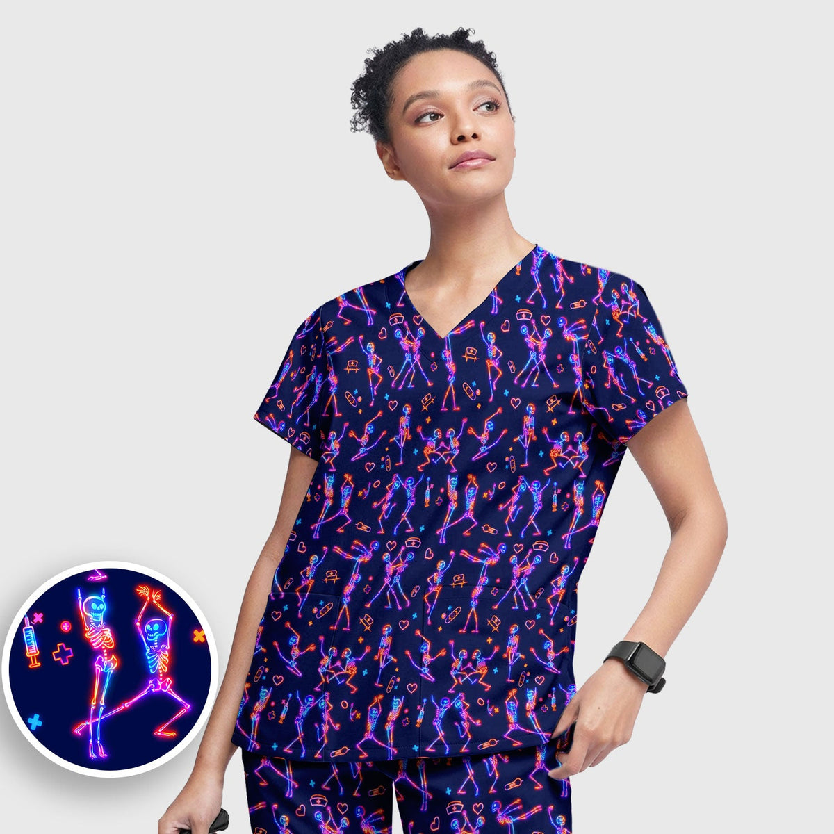 Neon Dancing Skeleton Nurse Scrub Set