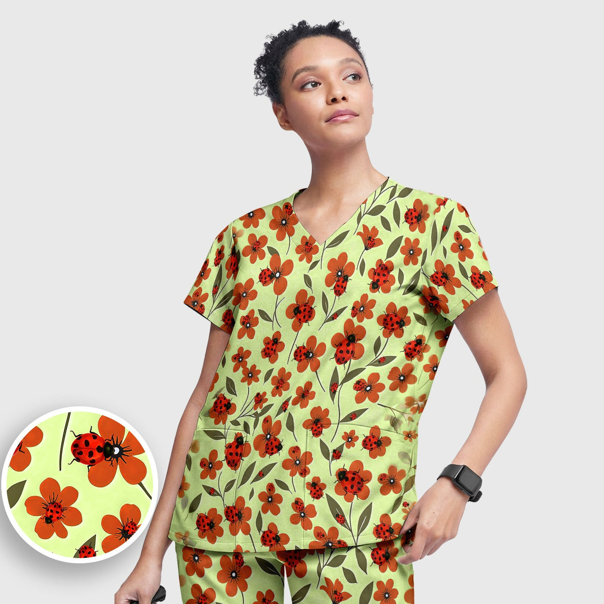 Ladybug Orange Floral Garden Nurse Scrub Set