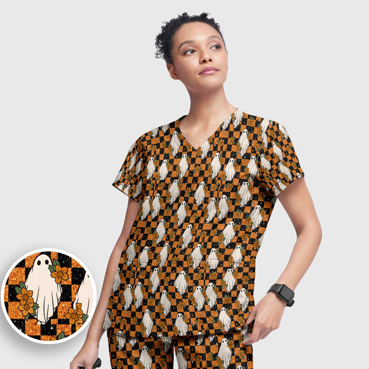 Spooky Ghost Checkerboard Nurse Scrub Set