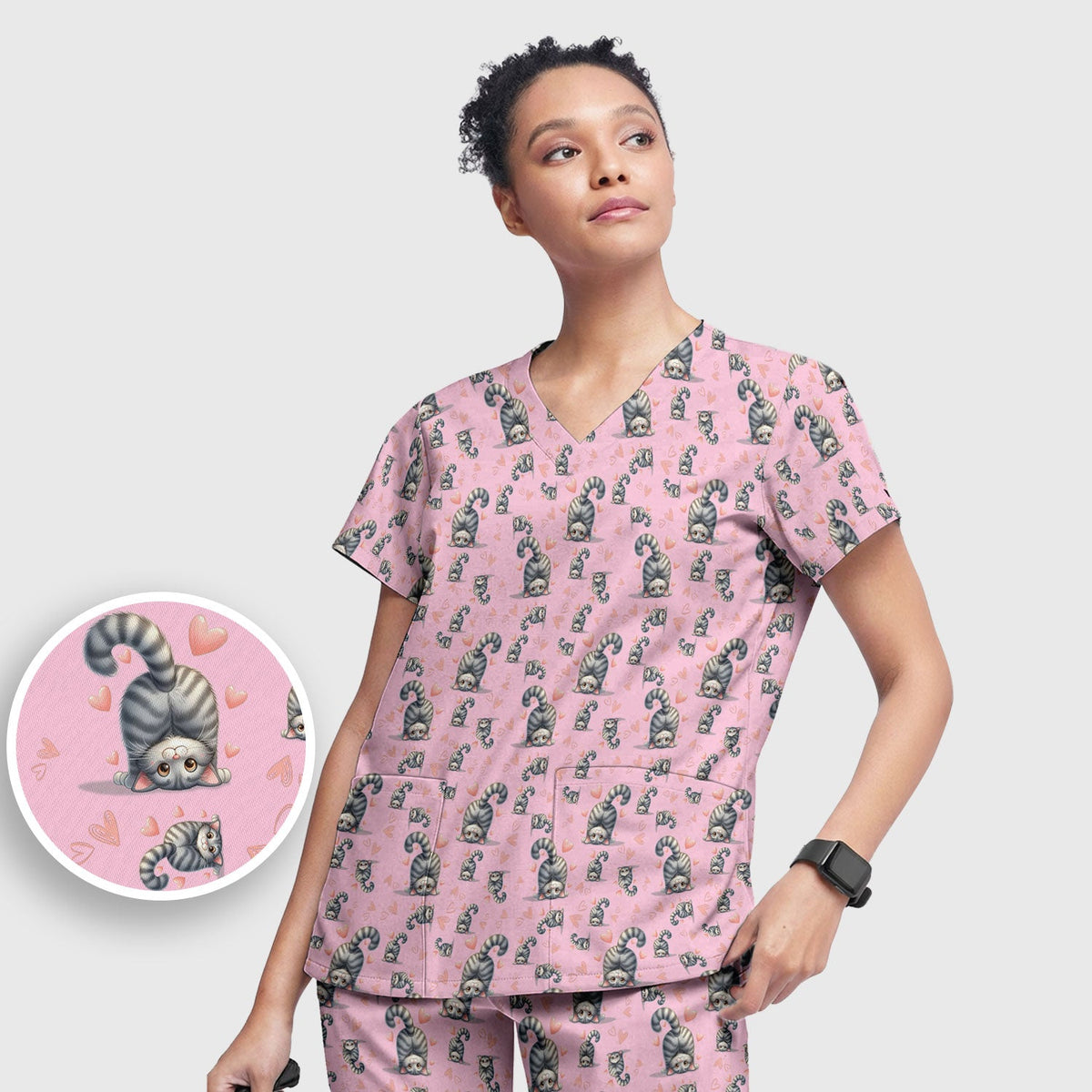 Valentine Cute Cat Heart Nurse Scrub Set