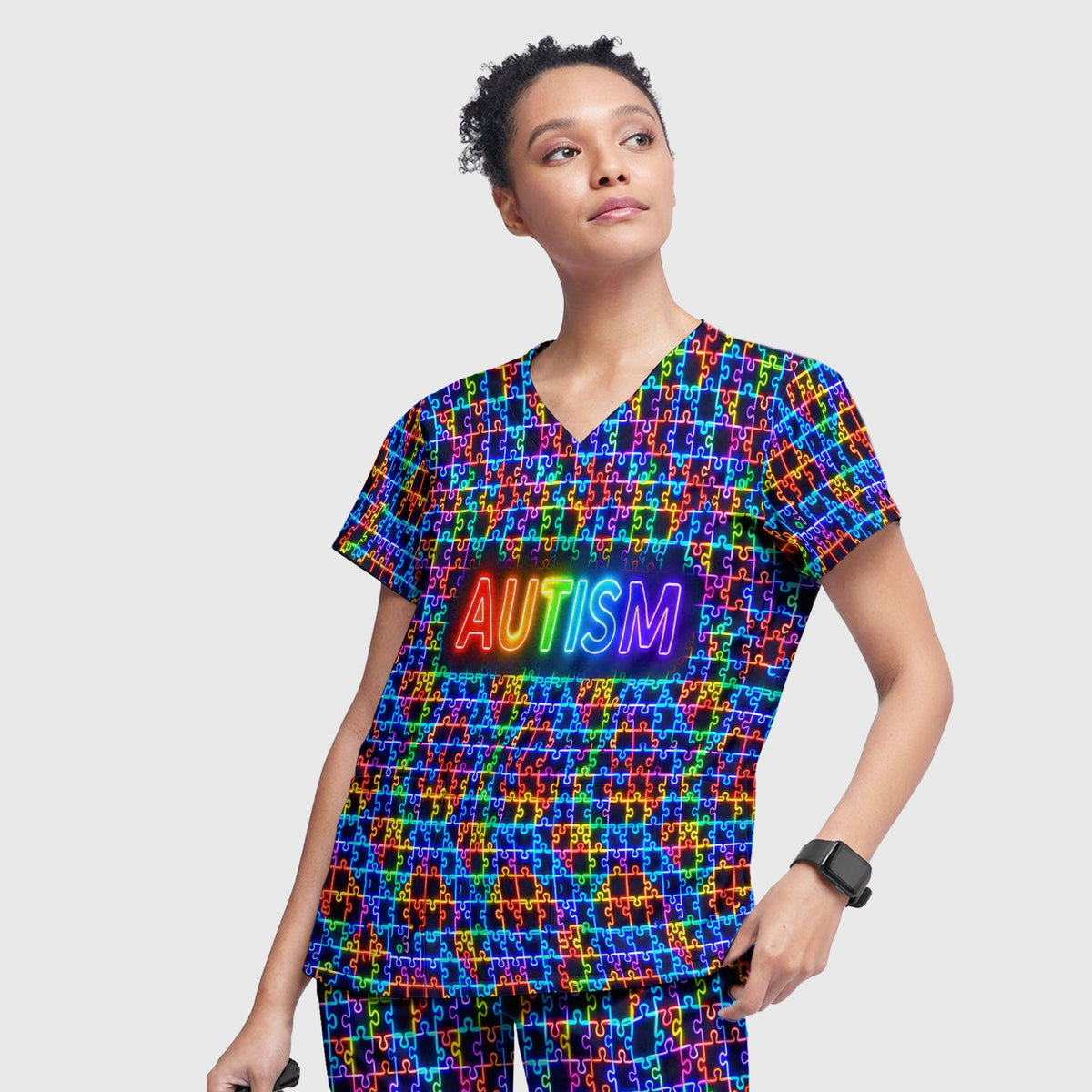 Autism Puzzle Neon Nurse Scrub Set