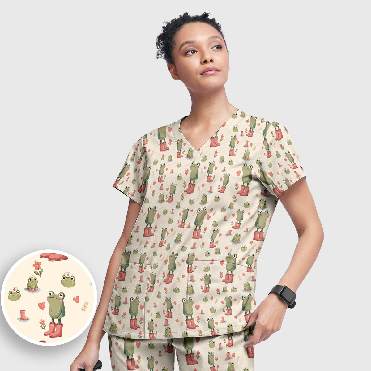 Adorable Frog Boots Heart Nurse Scrub Set