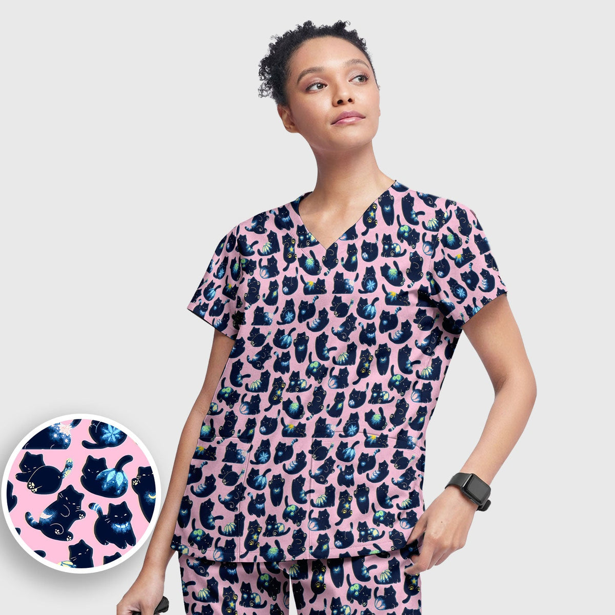 Midnight Black Cat Nurse Scrub Set