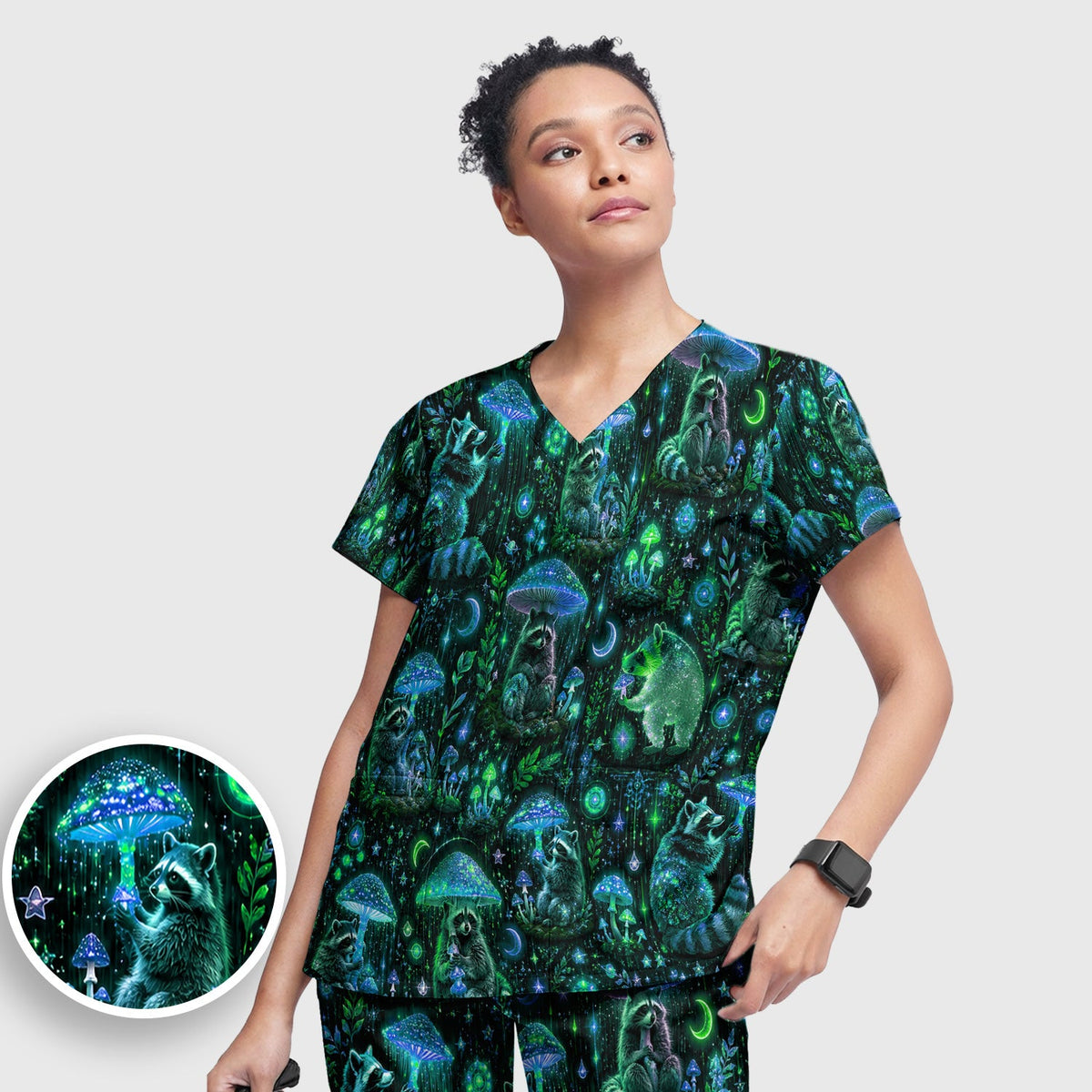 Glowing Raccoon Forest Nurse Scrub Set