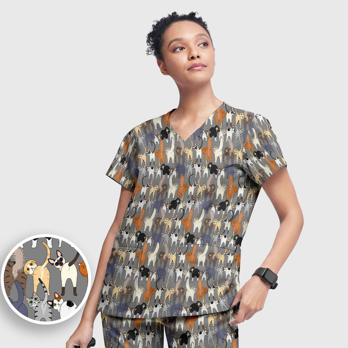 Whimsical Multicolor Cat Cartoon Nurse Scrub Set