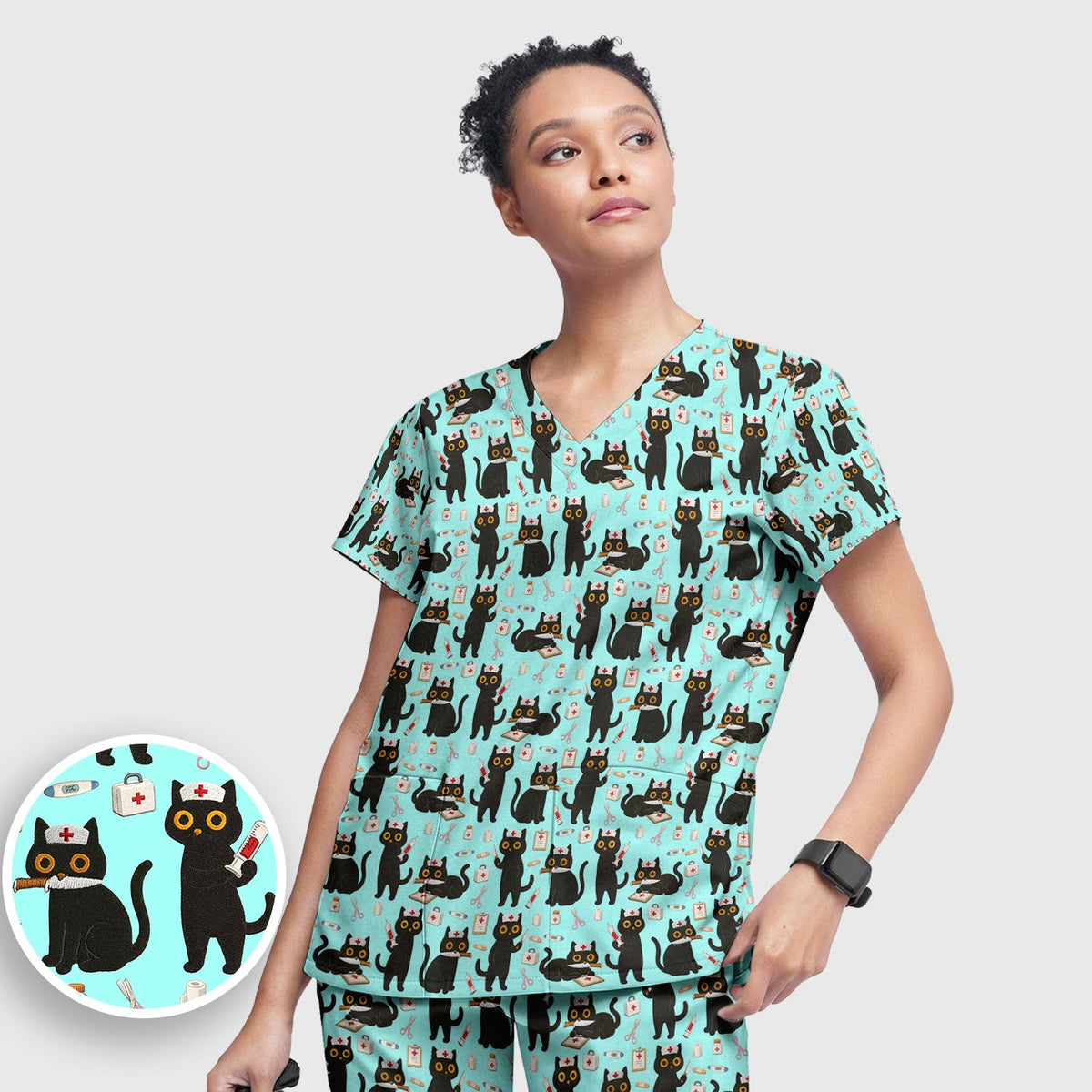 Cute Teal Black Cat Nurse Scrub Set