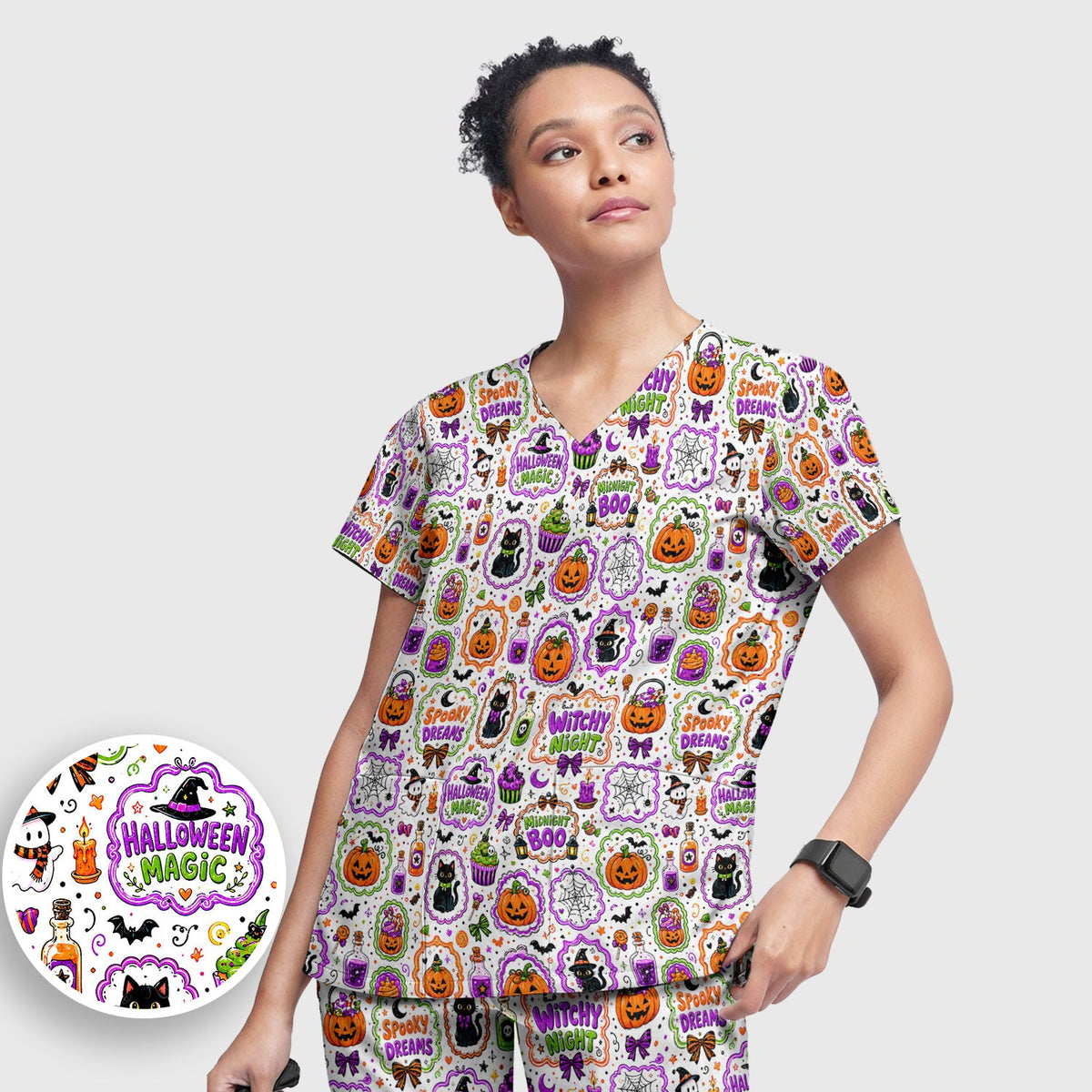 Halloween Black Cats Pumpkins Nurse Scrub Set