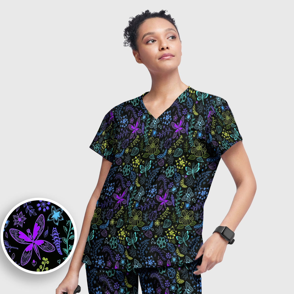 Neon Butterfly Floral Garden Nurse Scrub Set