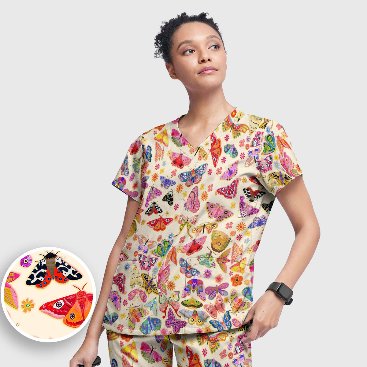 Colorful Butterfly Floral Nurse Scrub Set