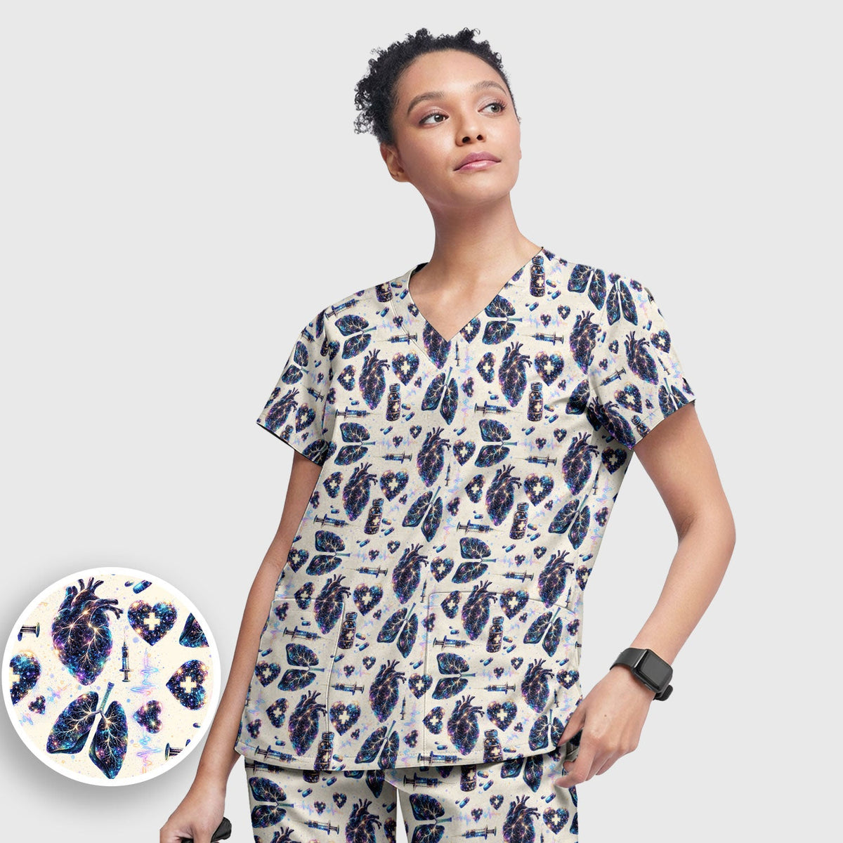 Galaxy Anatomical Heart Lung Syringe Nurse Scrub Set