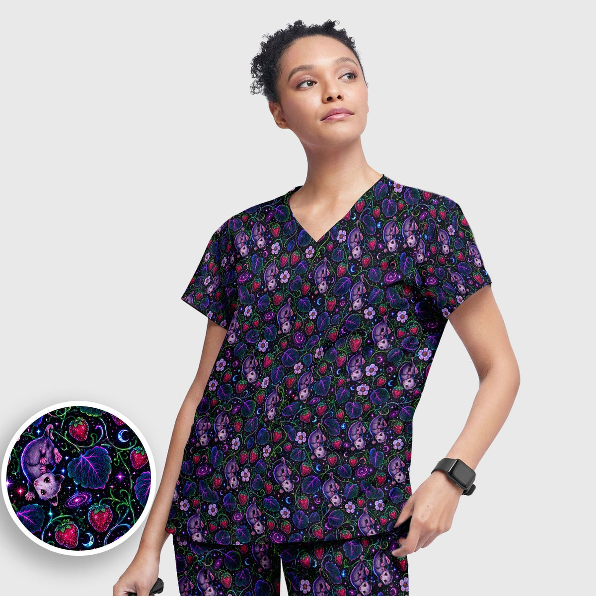 Galaxy Strawberry Opossum Nurse Scrub Set