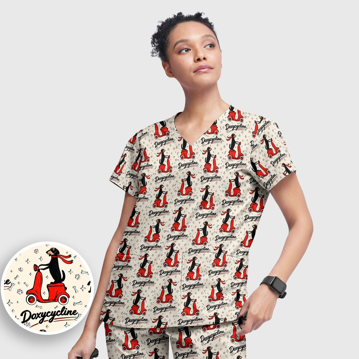 Dachshund Riding Scooter Nurse Scrub Set