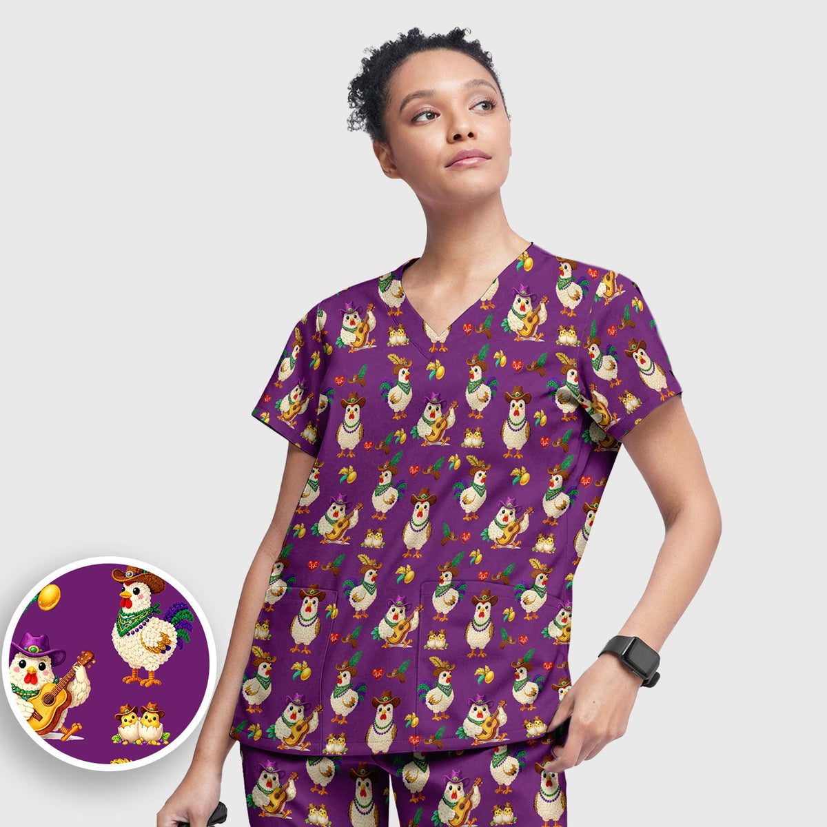 Mardi Gras Rooster Cowboy Nurse Scrub Set