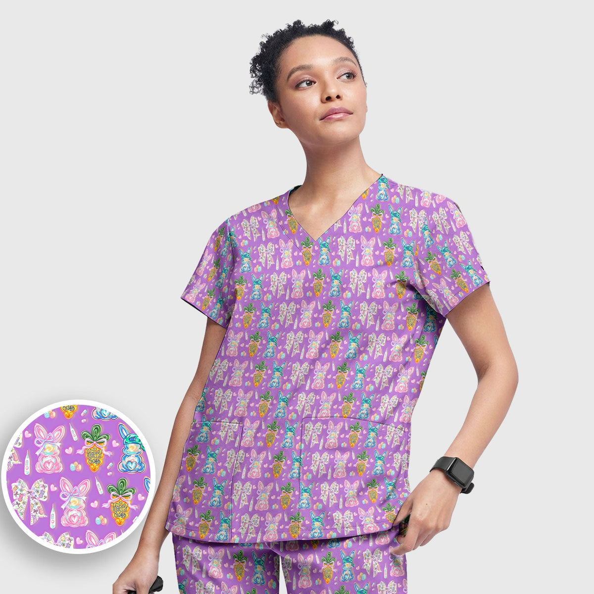 Bunny Carrot Bow Nurse Scrub Set - Easter Gift
