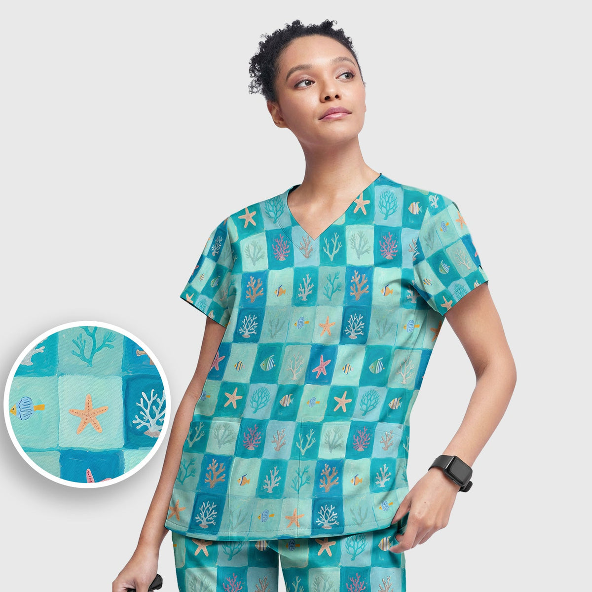 Ocean Coral Fish Starfish Nurse Scrub Set