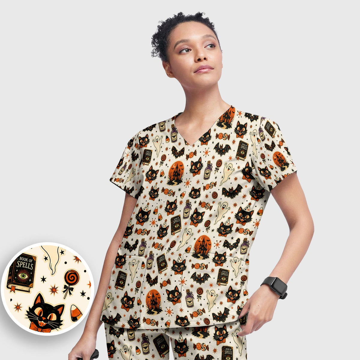 Black Cat Ghost Candy Nurse Scrub Set - Halloween Gift