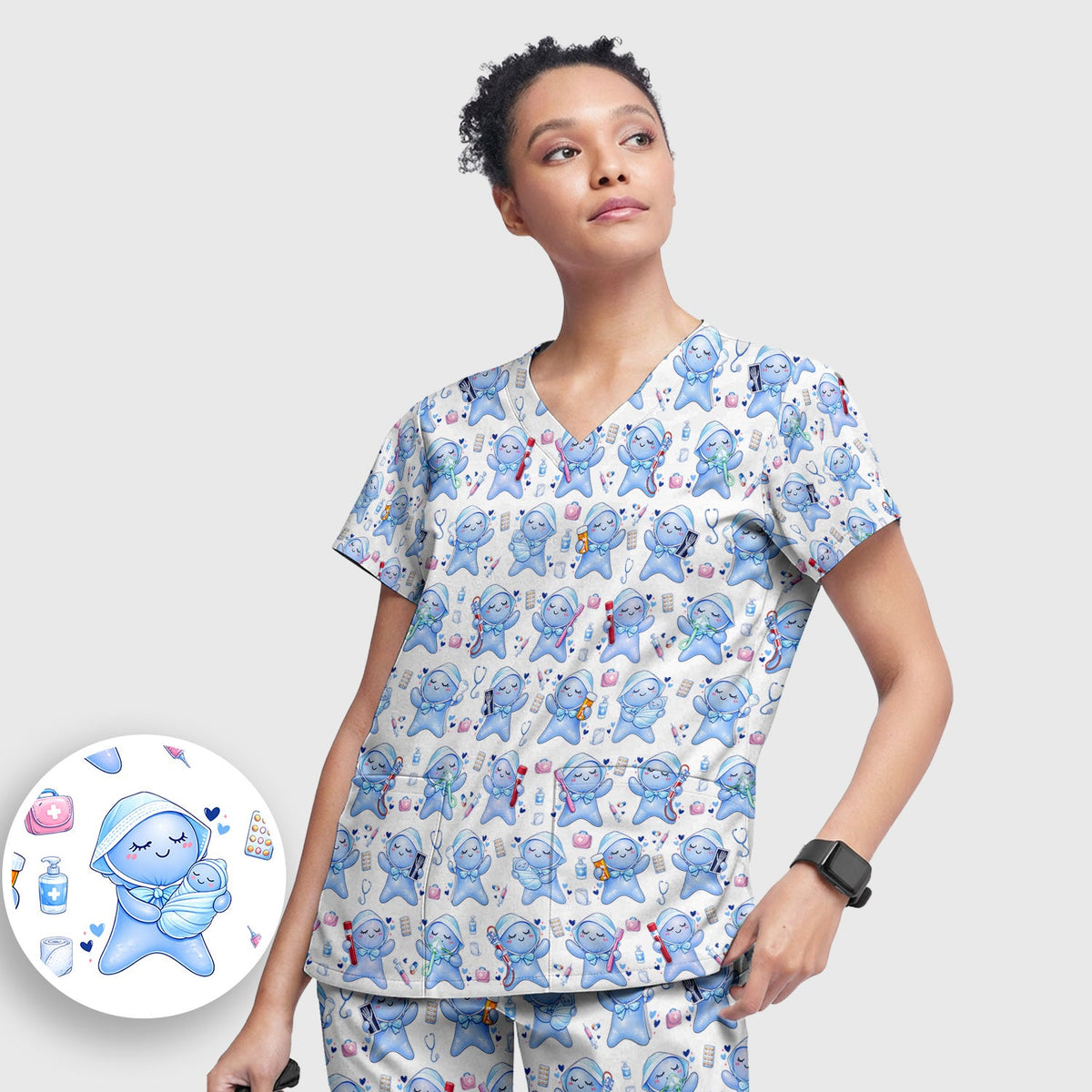 Dental Tooth Character Nurse Scrub Top