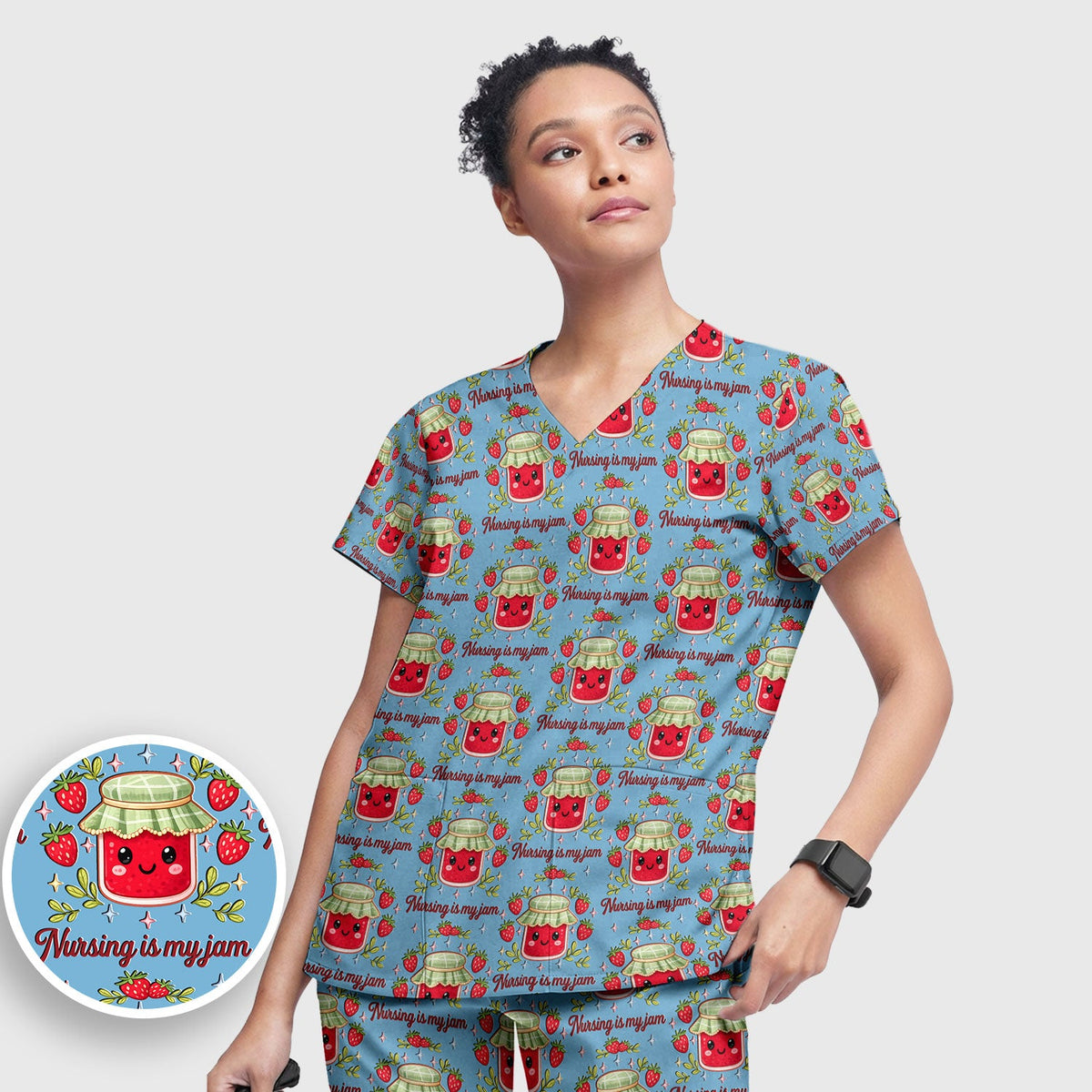 Cute Strawberry Jam Nurse Pattern Scrub Set, Breathable Med Uniform