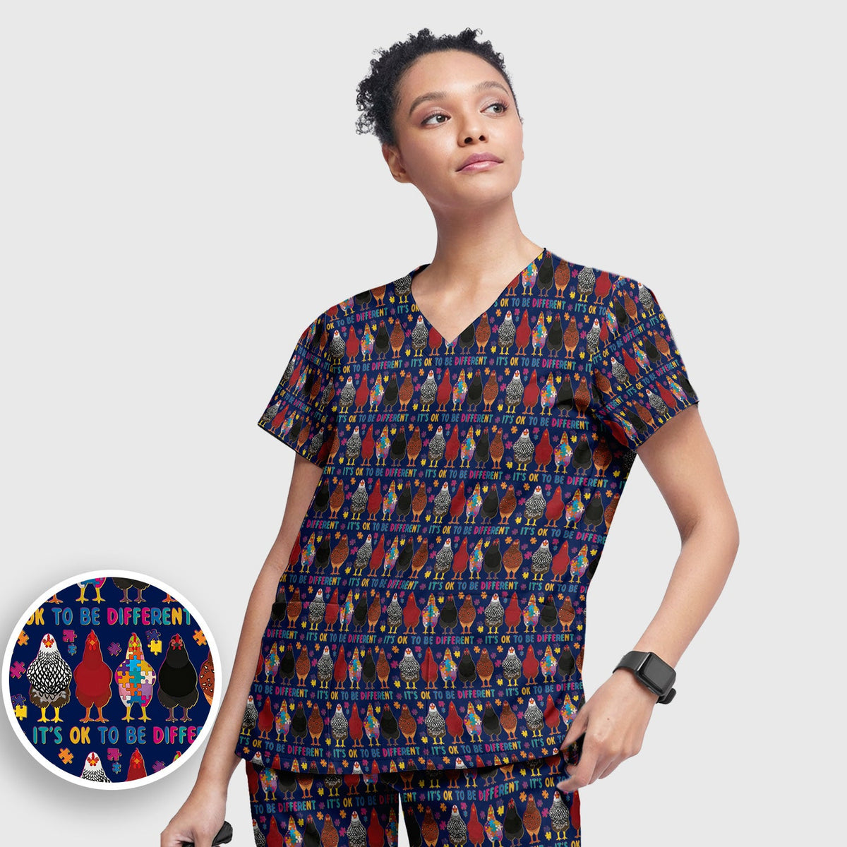 Autism Chicken It's OK To Be Different Nurse Scrub Set