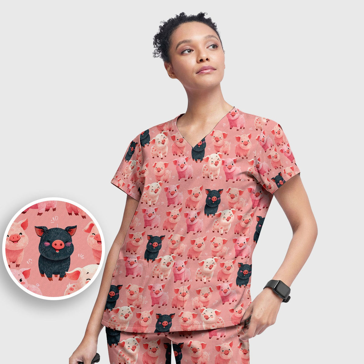 Funny Farm Pig Cartoon Pattern Scrub Set, Nurse Uniform Scrubs Set
